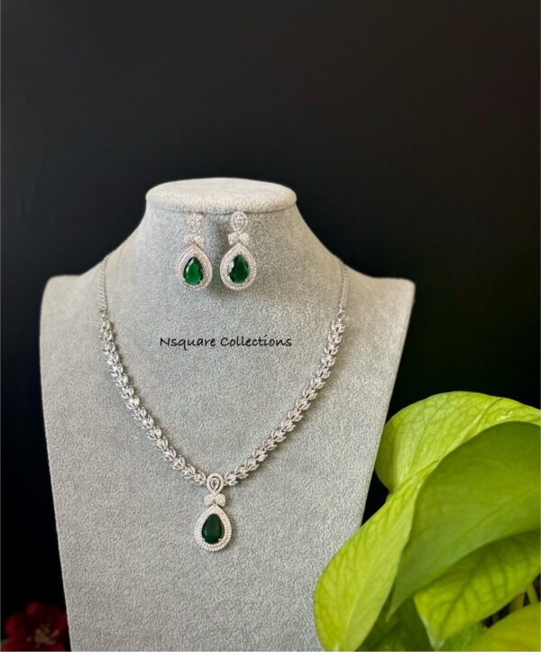 Silver Finished Emerald necklace and earrings set / Indian Bridal Jewelry - Image 2